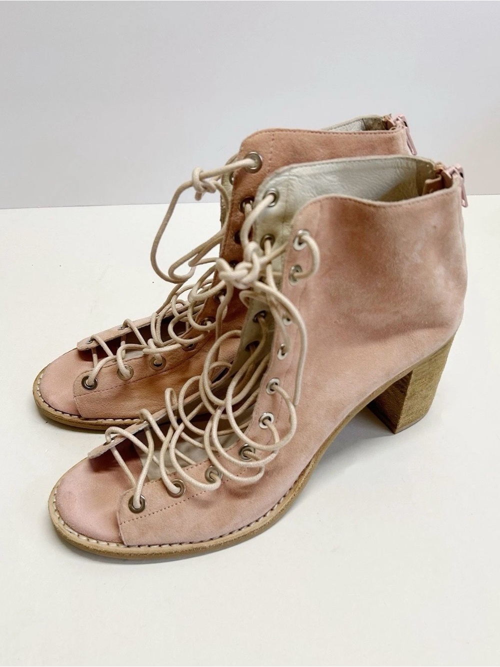 Jeffrey Campbell Blush Pink Suede Lace-Up Peep-Toe Block Heel Ankle Boots